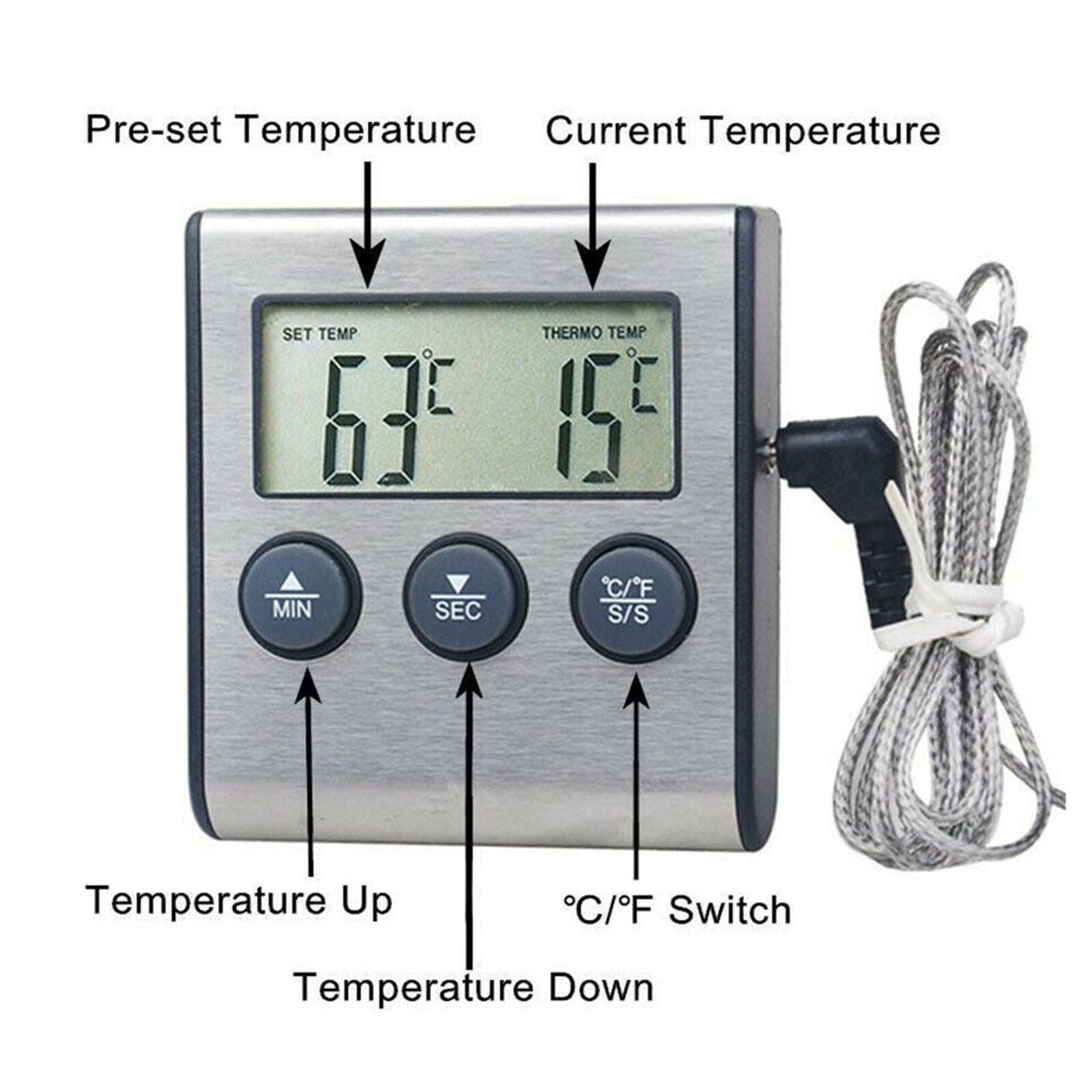Remote Digital Cooking Meat Thermometer with Probe For Grill Oven BBQ Timer