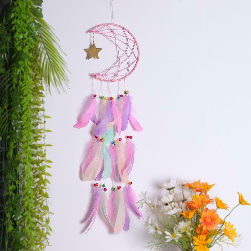 Moon Star Dream Catcher with Feather Handmade Dreamcatcher for Boho Wall Hanging