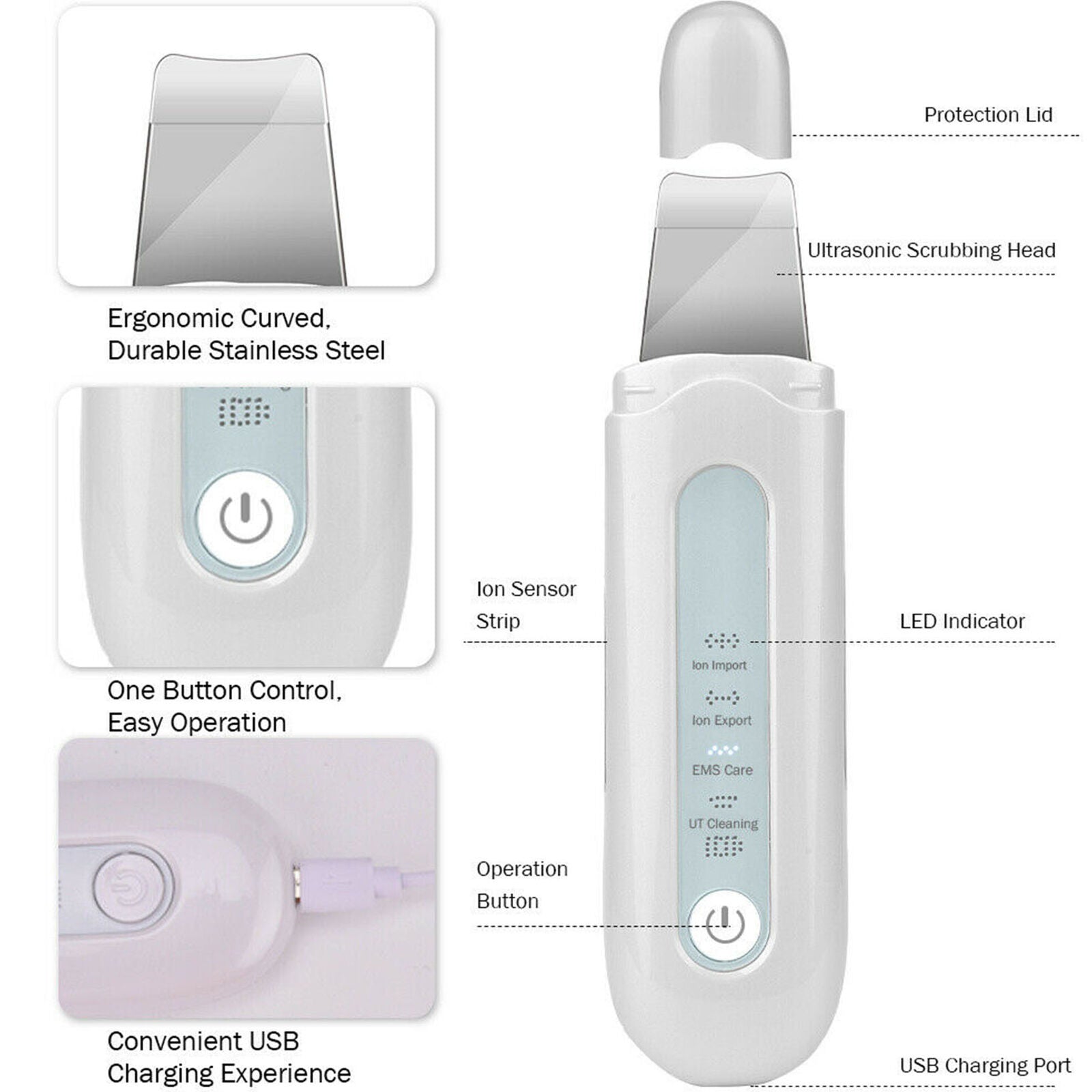 Facial Ultrasonic Skin Scrubber Spatula Face Extractor Peeling Deep Cleaner Tool
