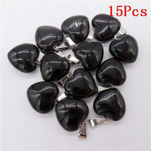 15Pcs 16x16x7mm Black Obsidian Love Heart Reiki Healing Pendant Bead HH9491