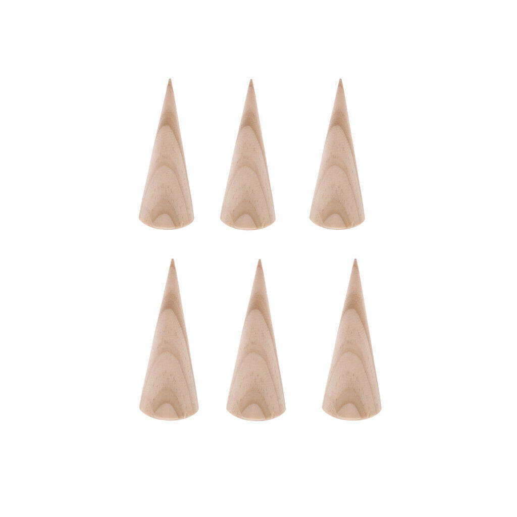 6pcs Plain Stand Cone Shape Wood Jewelry Display Ring DIY Crafts Unpainted