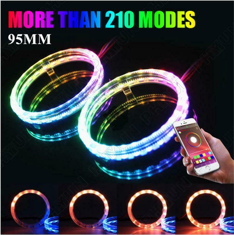 2Pcs 95mm RGB LED Angel Eyes Lights Headlight w/ Halo Ring APP Control Universal