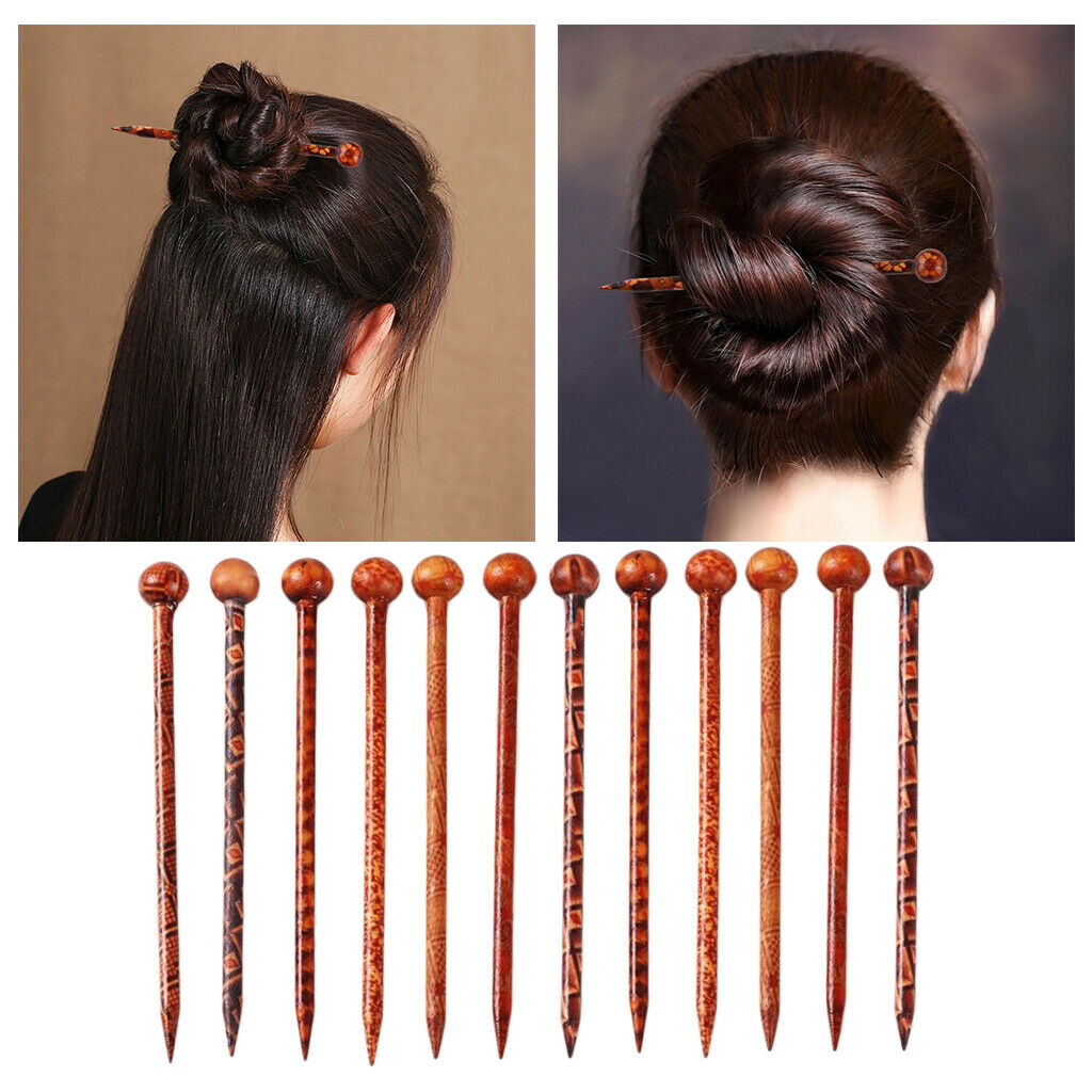 12Pcs Craft Retro Wood Hair Pin Hairpin Stick Clip Hair Styling Tools DIY