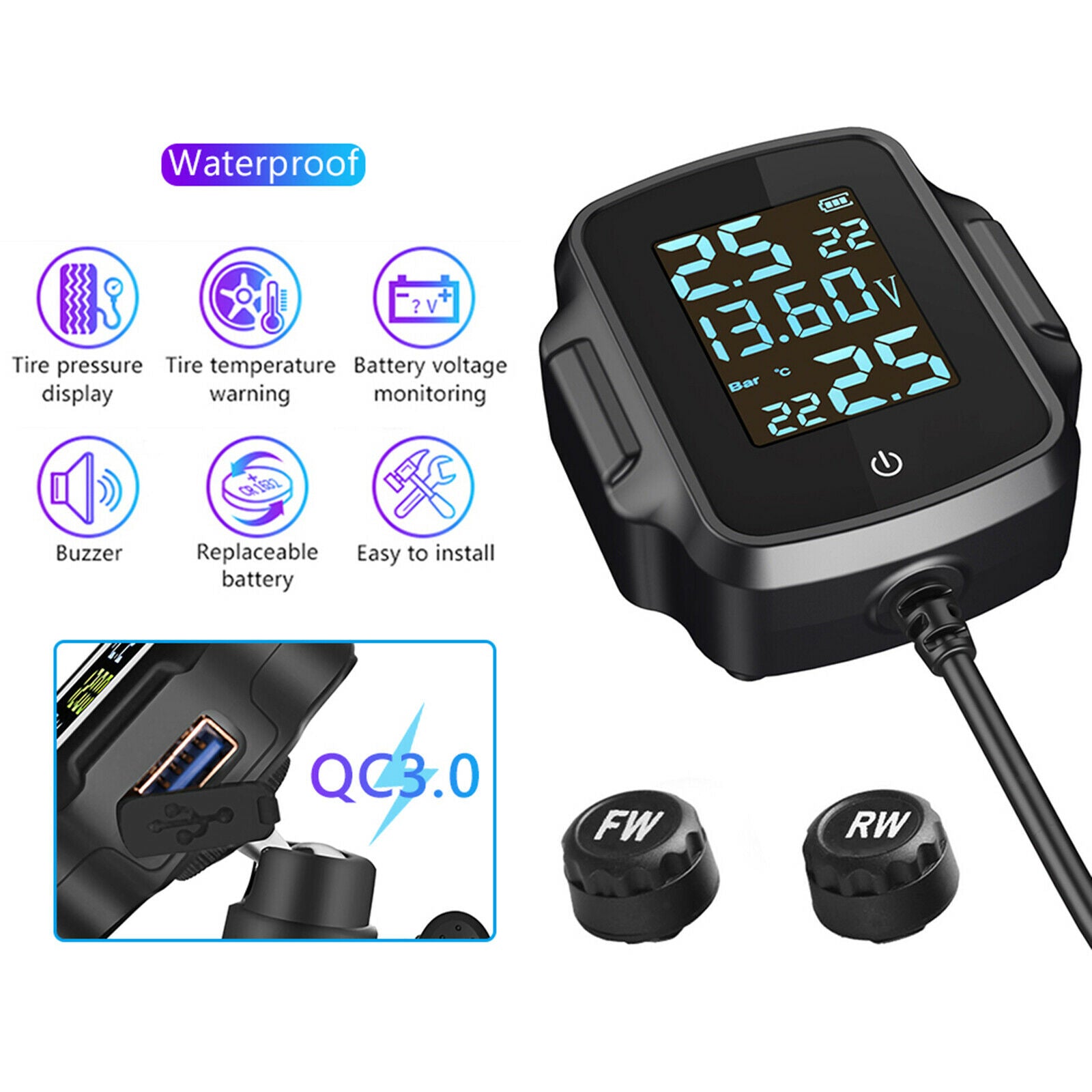 Motorcycle TPMS Tire Pressure Monitoring System Warning Wireless USB Charger