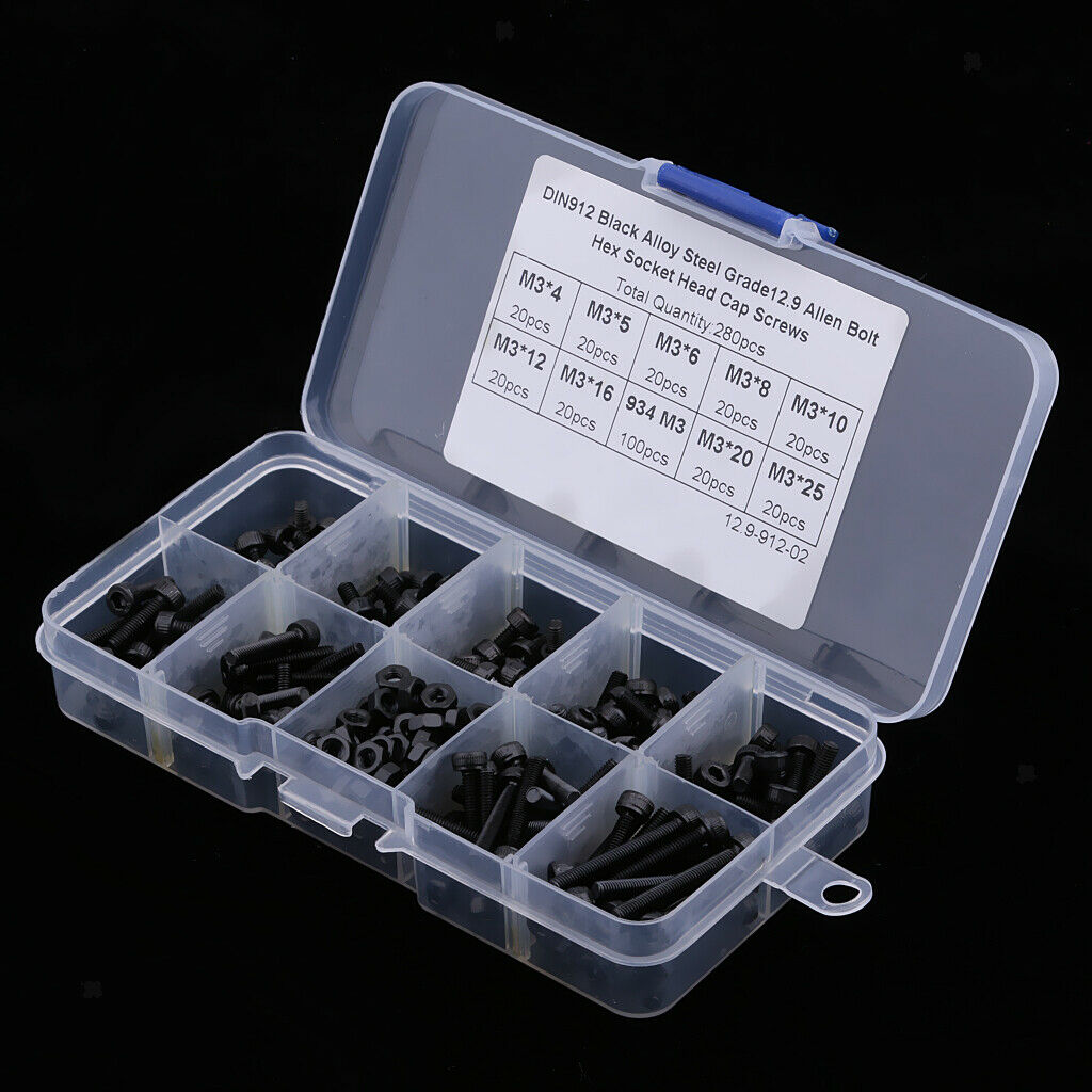 280 Pcs M3 Screws 4mm-25mm Hex Socket Kit Set Jig Caps