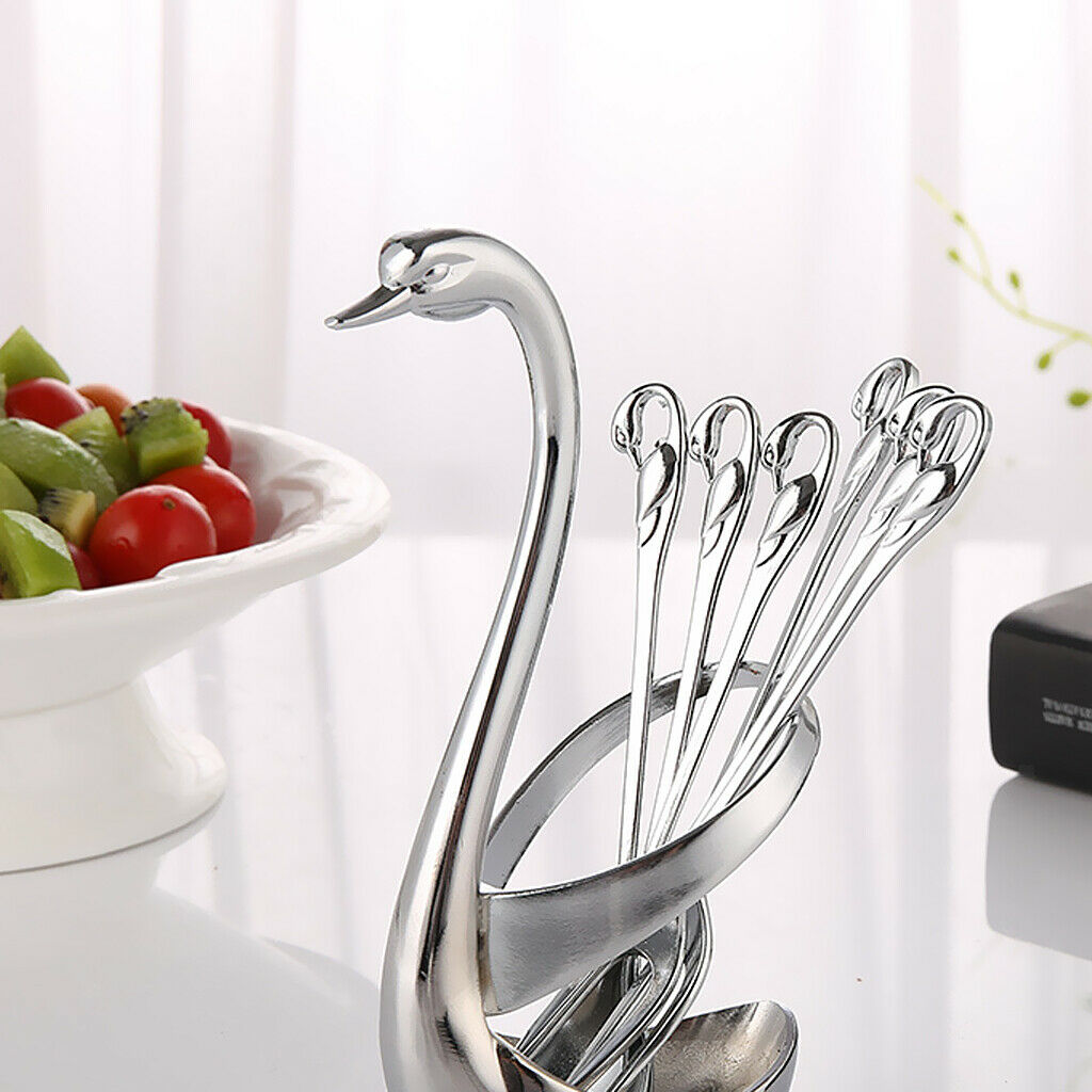 3pcs Fruit Fork And 3pcs Stainless Steel Coffee Spoons with Swan Holder Home