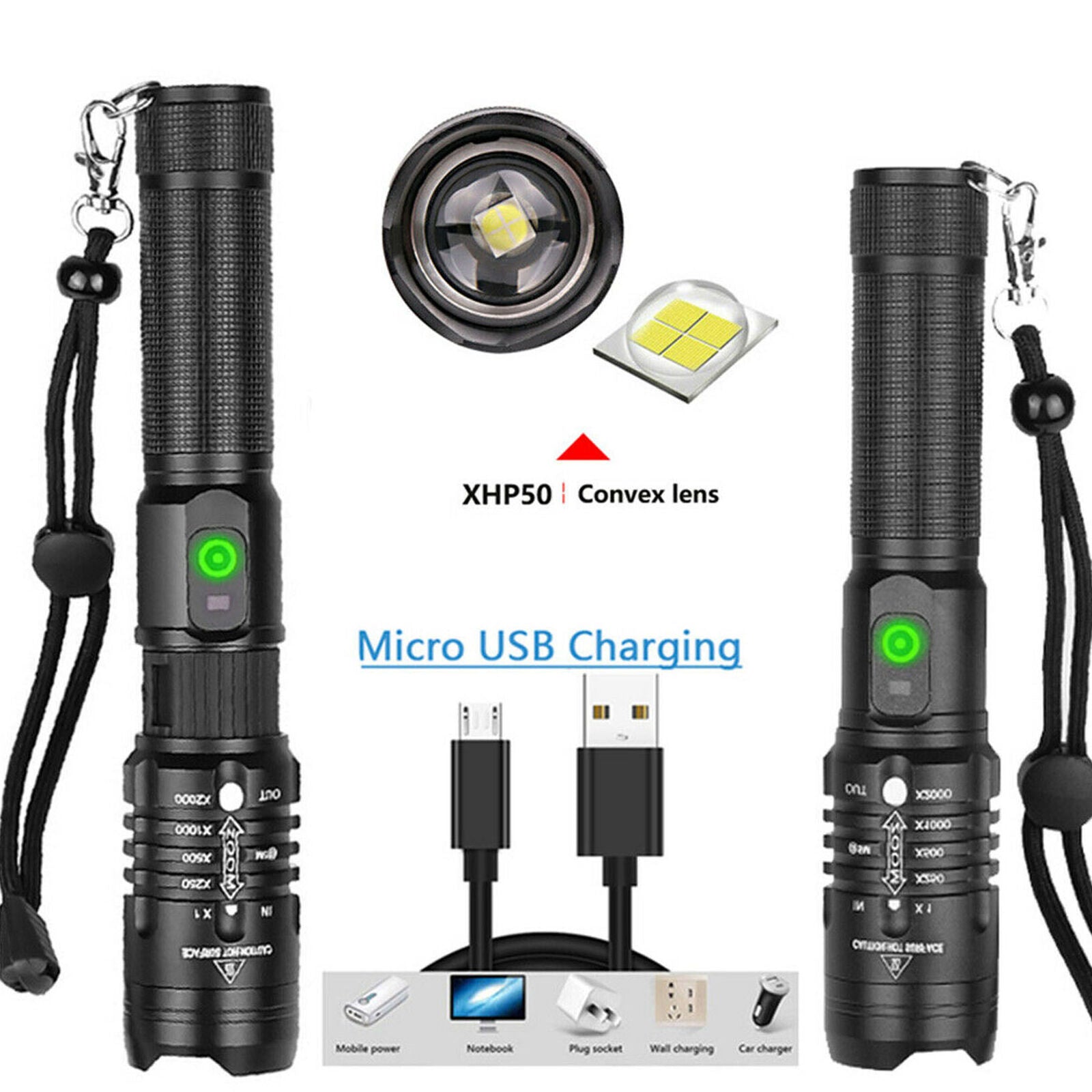 990000Lumens XHP50 Flashlight Zoomable USB Rechargeable Torch Super Bright Light