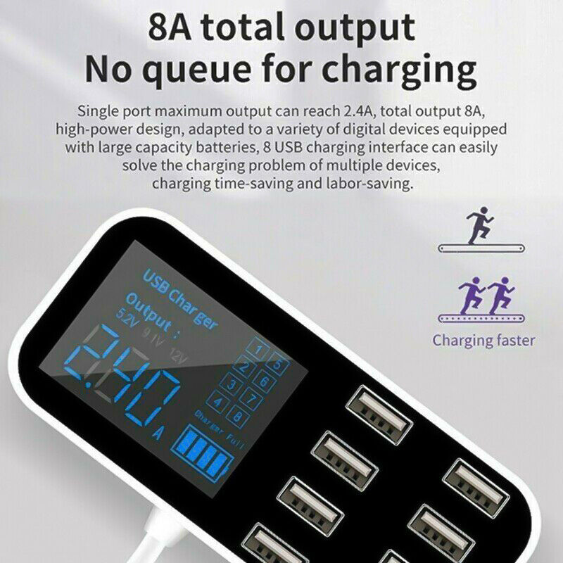 Car 8 Ports USB Fast Charger Multi USB Phone Charging Station LCD Display