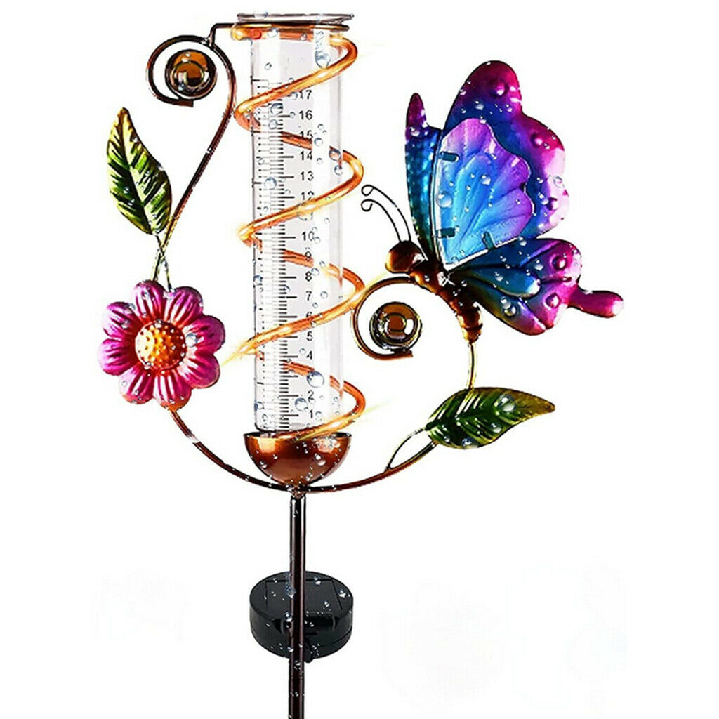 Rain Gauge Butterfly Garden Stakes Decor Glow in Dark Metal Yard Art Outdoor