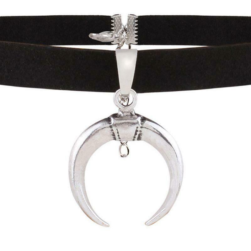 Black PU Velvet Ribbon Choker Necklace Gothic Handmade Moon Pendant Sexy Simple