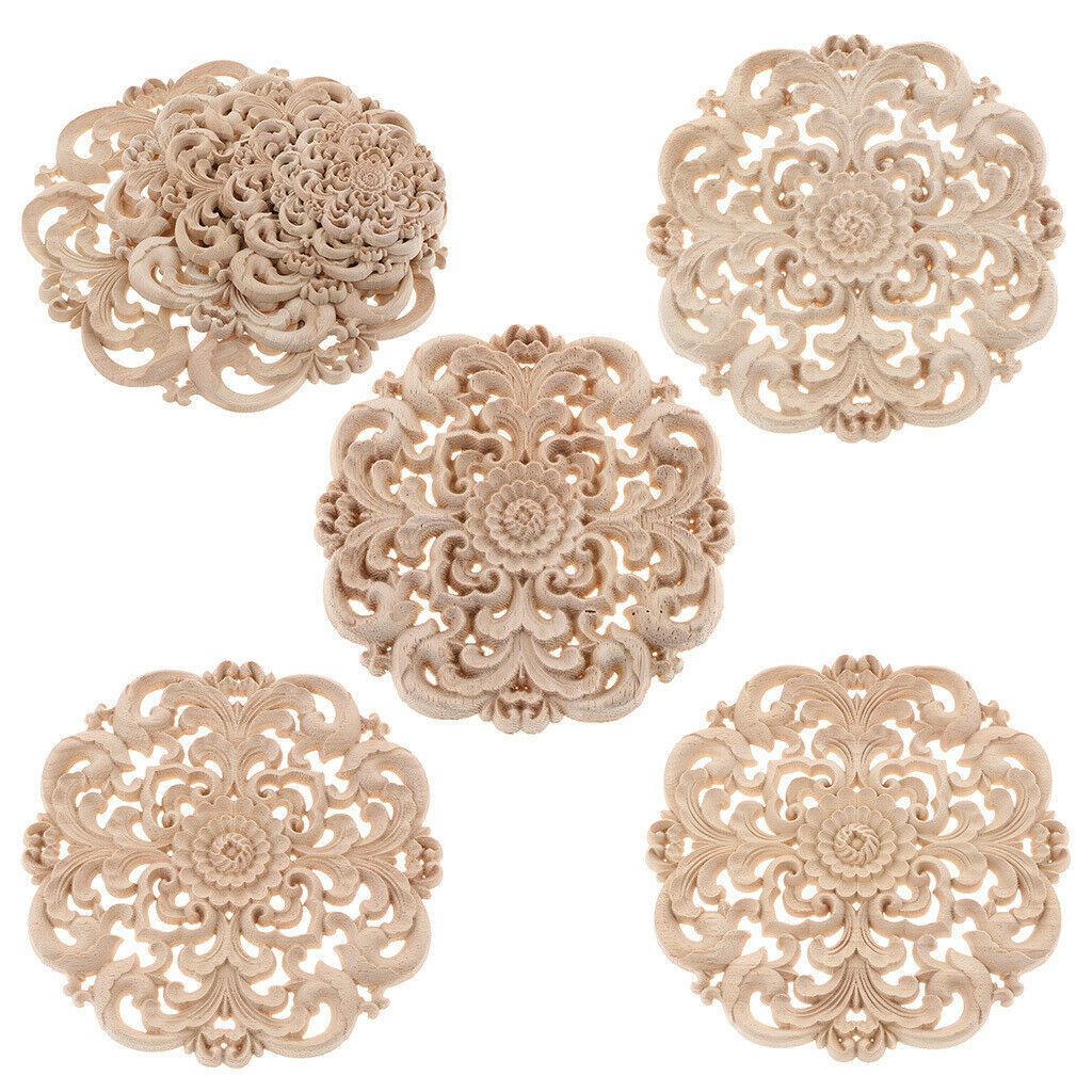 4Pcs Chinese Combines Western Design Wood Carved Flower Appliques Round Cabinet