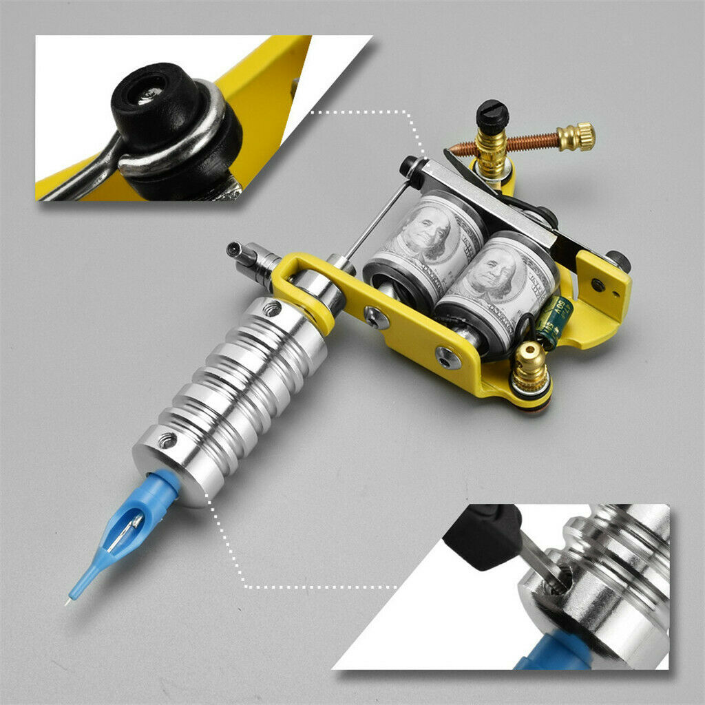 Complete Tattoo Kit Machine Gun Needles Tube Tips Handle Pads Set Yellow