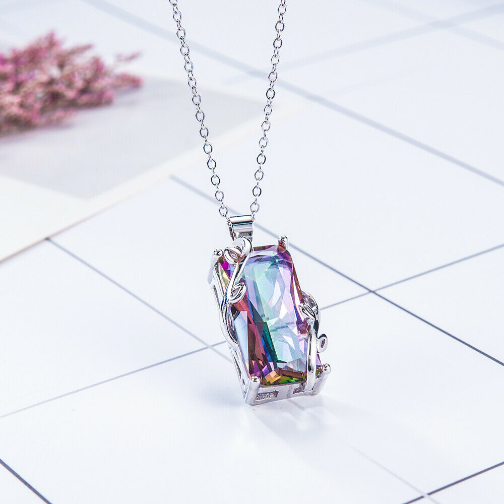 Mystic Big Rainbow Topaz Pendant Chain Chocker Prom Party Necklace