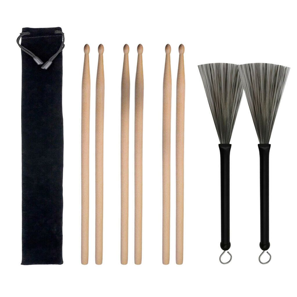 Drum Sticks 5A & 1 Pair Retractable Drum Wire Brushes w/ a Storage Bag