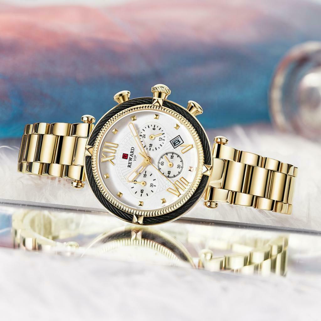 Women Chronograph Quartz Movement Watch Wristwatch Jewelry Golden