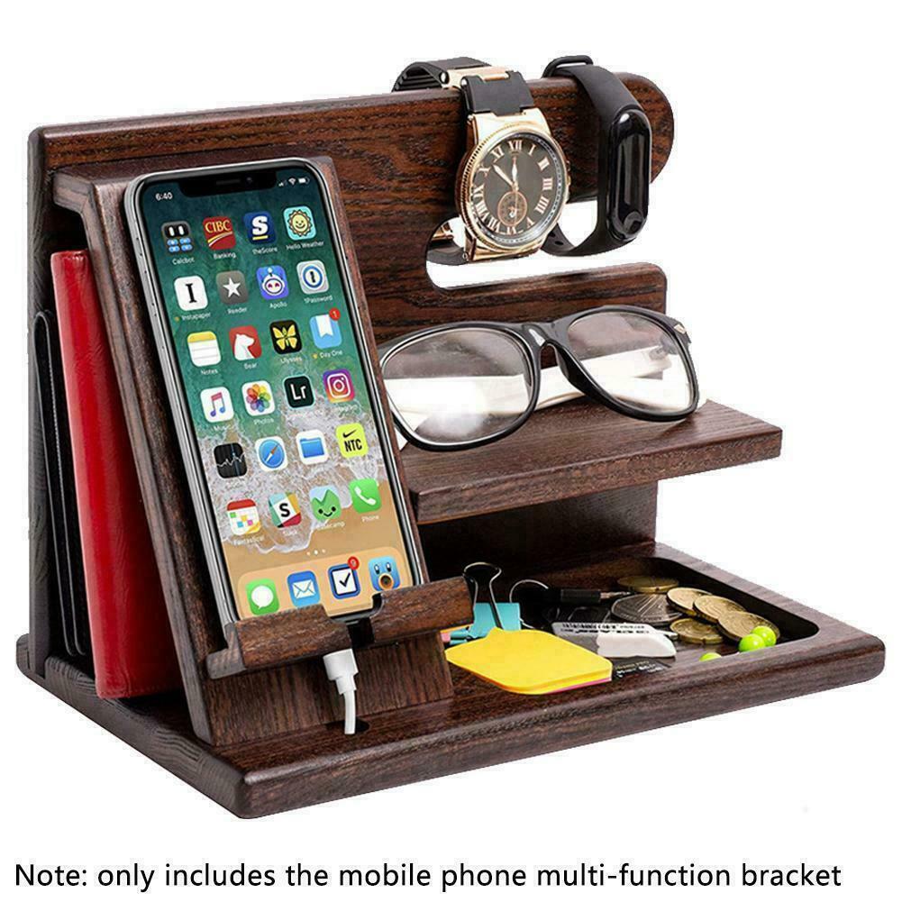 Wood Phone Docking Station Key Holder Wallet Stand Organizer 7T6T J5G Watch W3D8