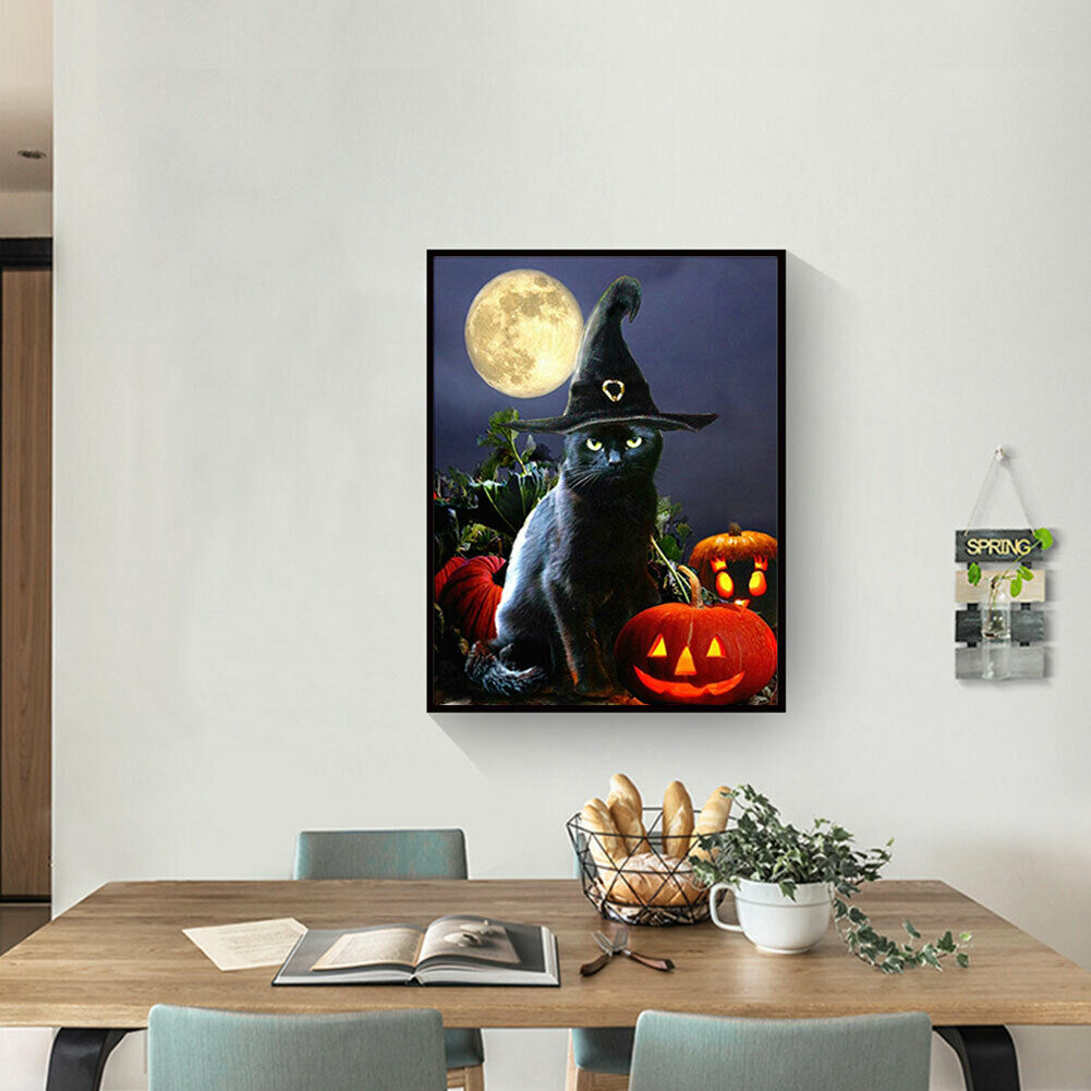 Halloween Black Cat 5D Full Drill Diamond Painting DIY Craft Cross Stitch @
