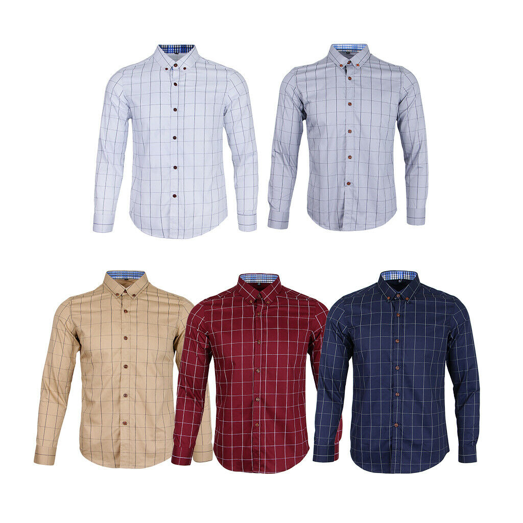 Mens Classical Plaid Print Shirt Cotton Causal Long Sleeve Shirt M White