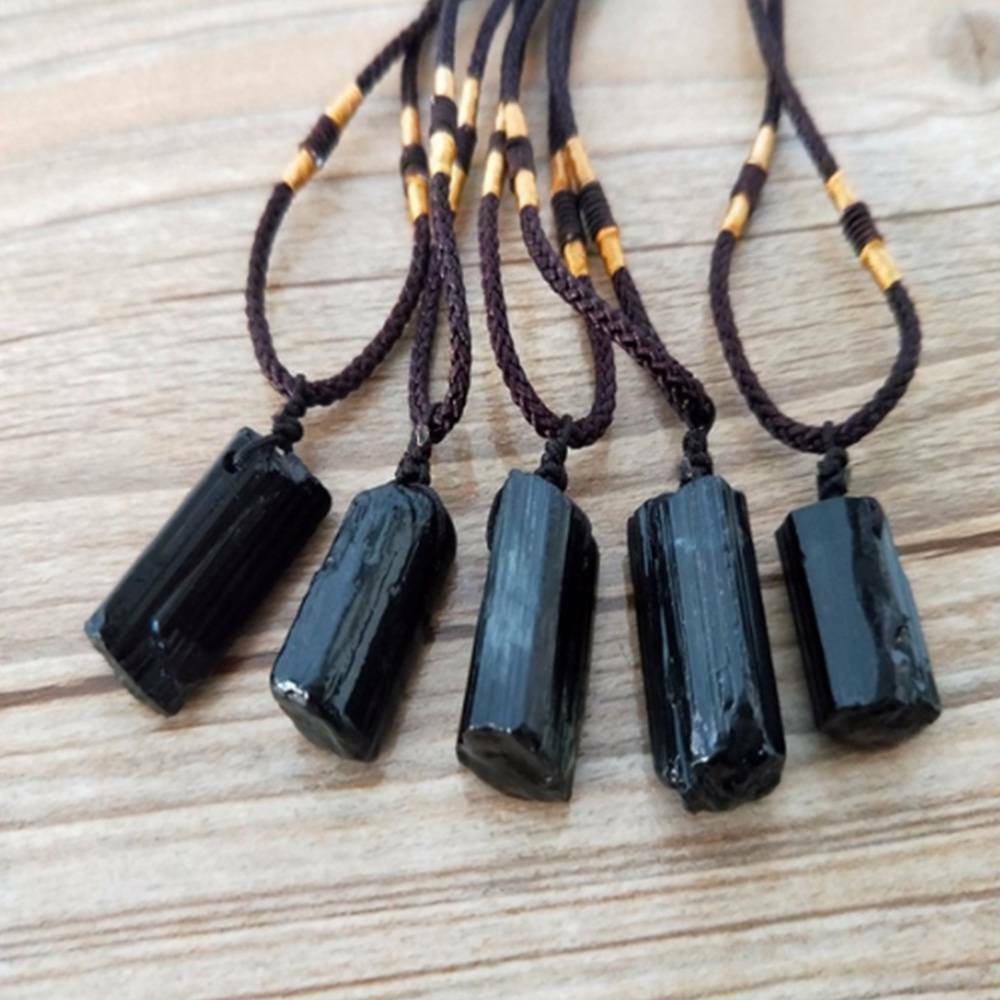2021_Natural Black Tourmaline Stone Pendant Chakra Necklace Crystal Gem Specimen