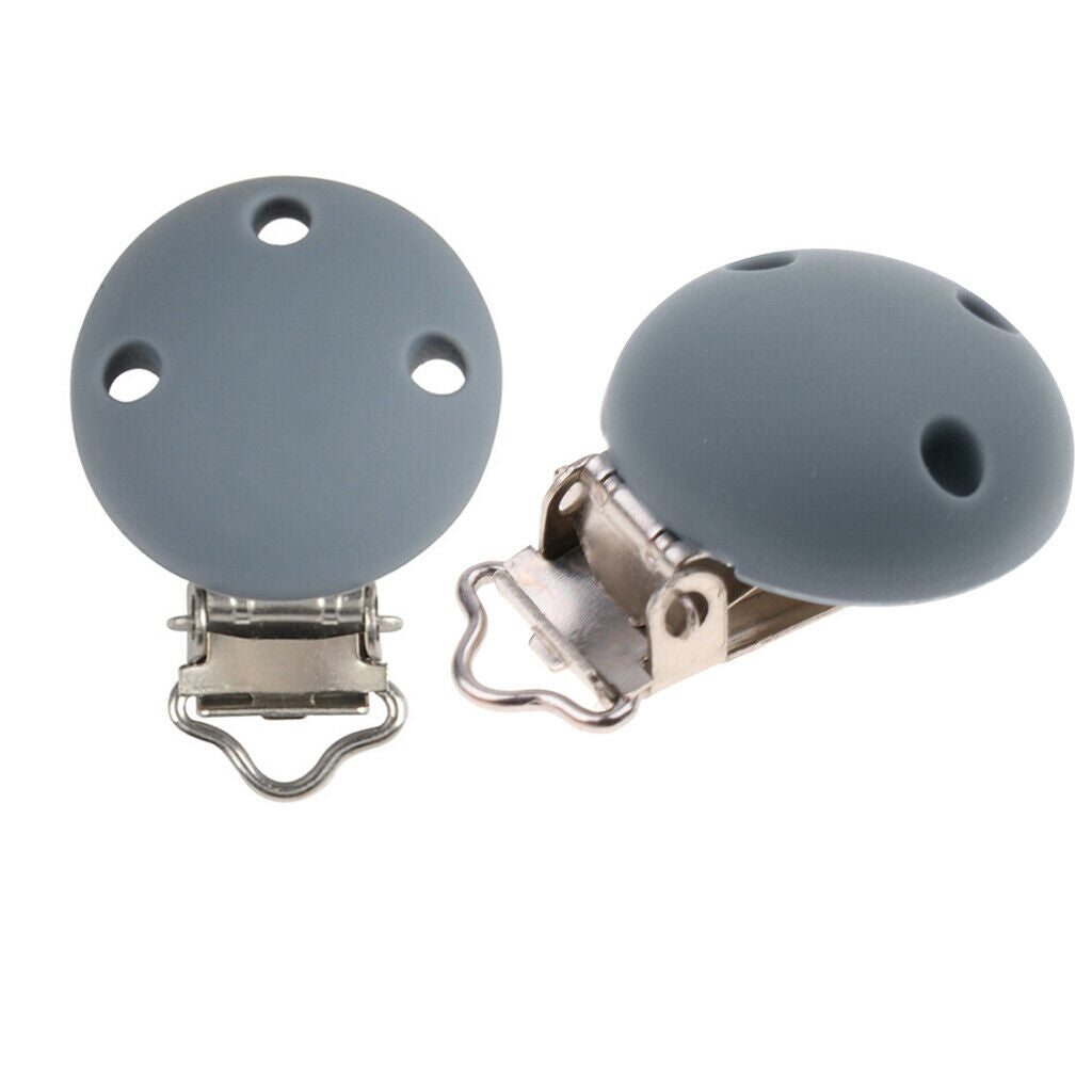 2Pcs Cute Baby Pacifier Round Silicone Soother Clip Metal  Clasp Gray