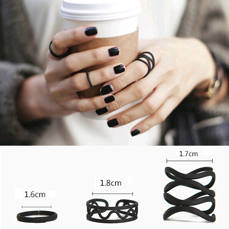 3PCS Women's Punk Black Stack Plain Above Knuckle Ring Midi Finger Tip Ri.l8