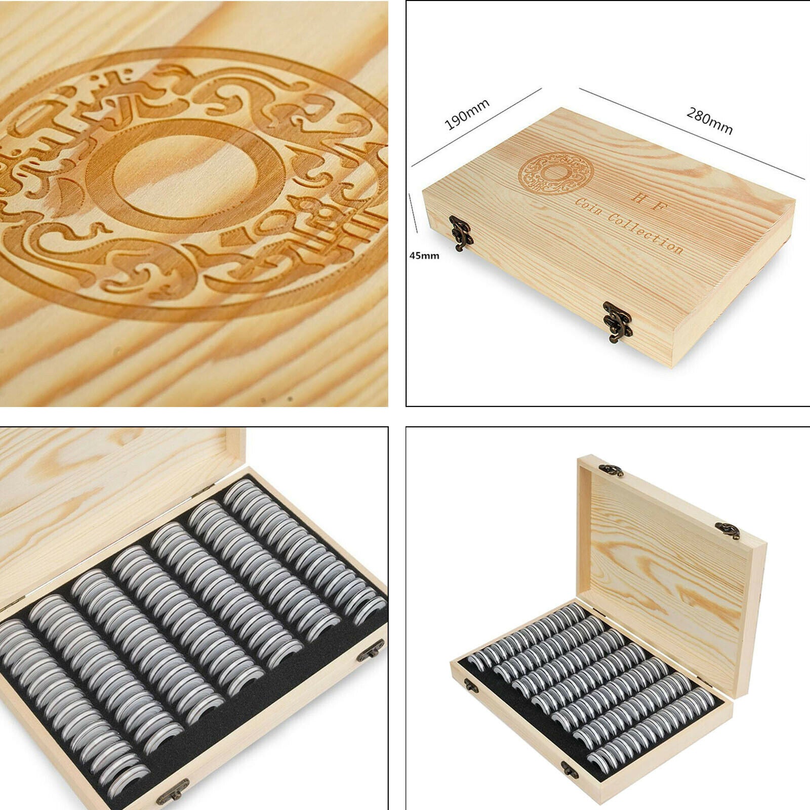 Coin Capsules Protect with Foam Gasket Box Collection Wood Storage Case