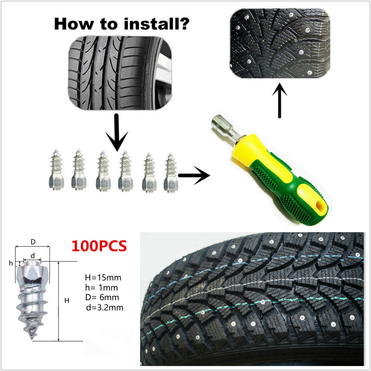 100x Car Wheel Tyres Ice Snow Spikes Chains Studs 15mm Screw in Tire+Sleeve Tool