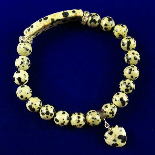 Natural Dalmation Jasper Ball Oblong Heart Rhinestone Stretchy Bracelet 7.5 "