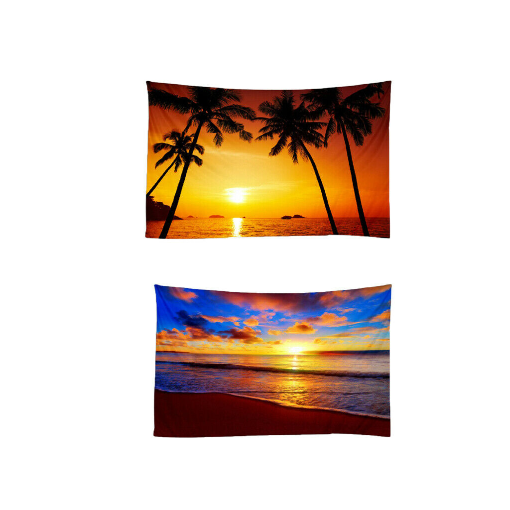 2Pcs 200x150cm Sunset on Beach Theme Wall Hanging Tapestry for TV Backdrop