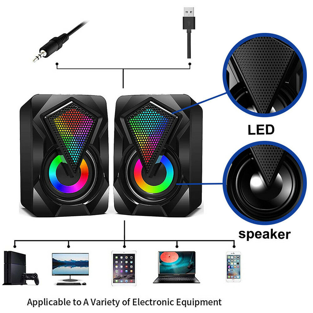 X2 Computer Speaker LED Subwoofer RGB Light USB Wired Home Theater System