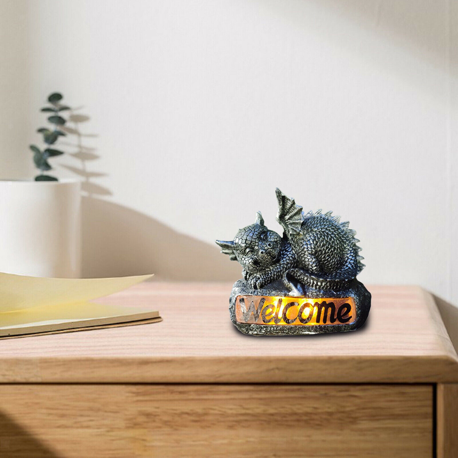 Cute Solar LED Welcome Sign Outdoor Garden Dragon Statue Entryway Ornaments