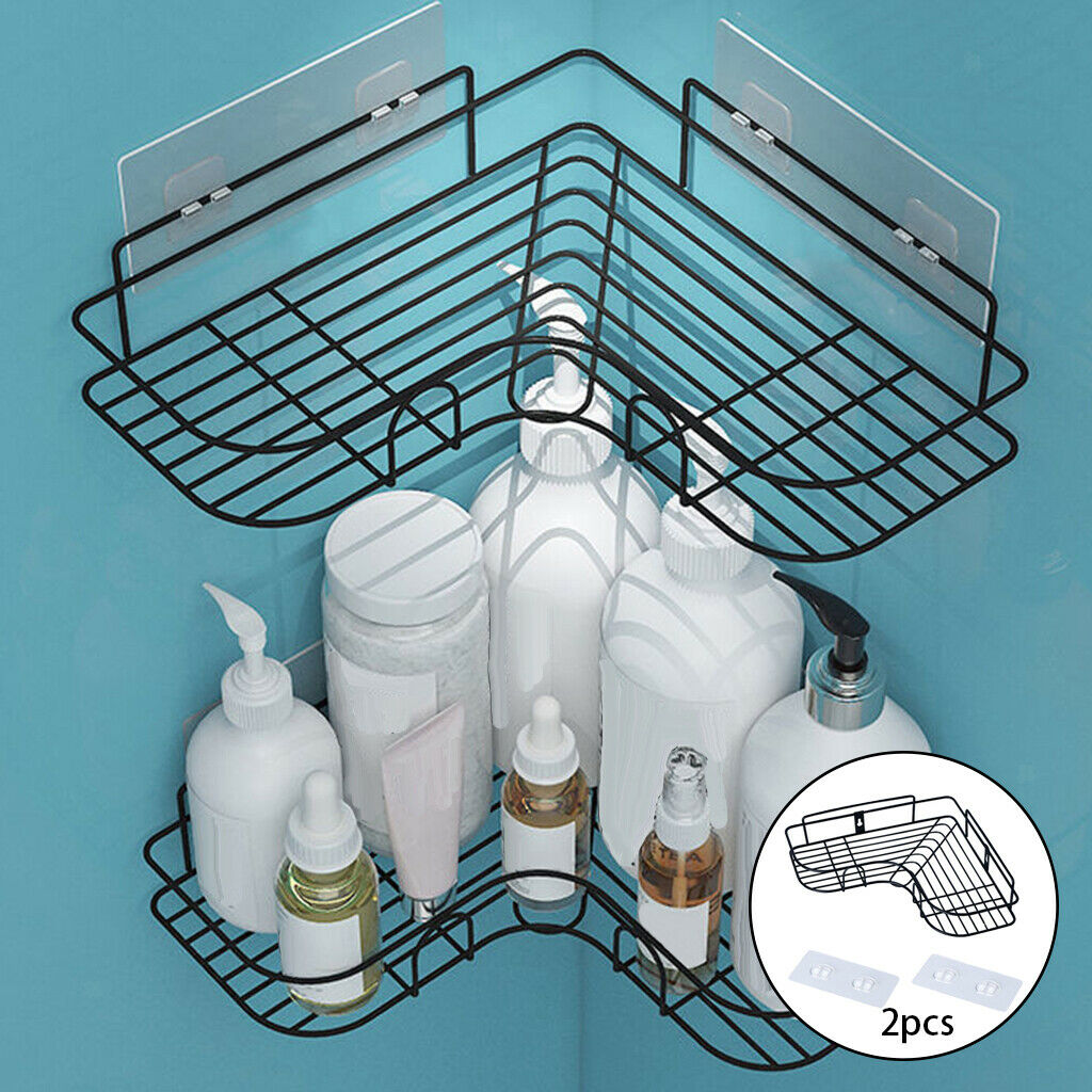 2Pcs Heavy Duty Iron Wall Corner Shelf Shower Basket Adhesive Organizer Rack