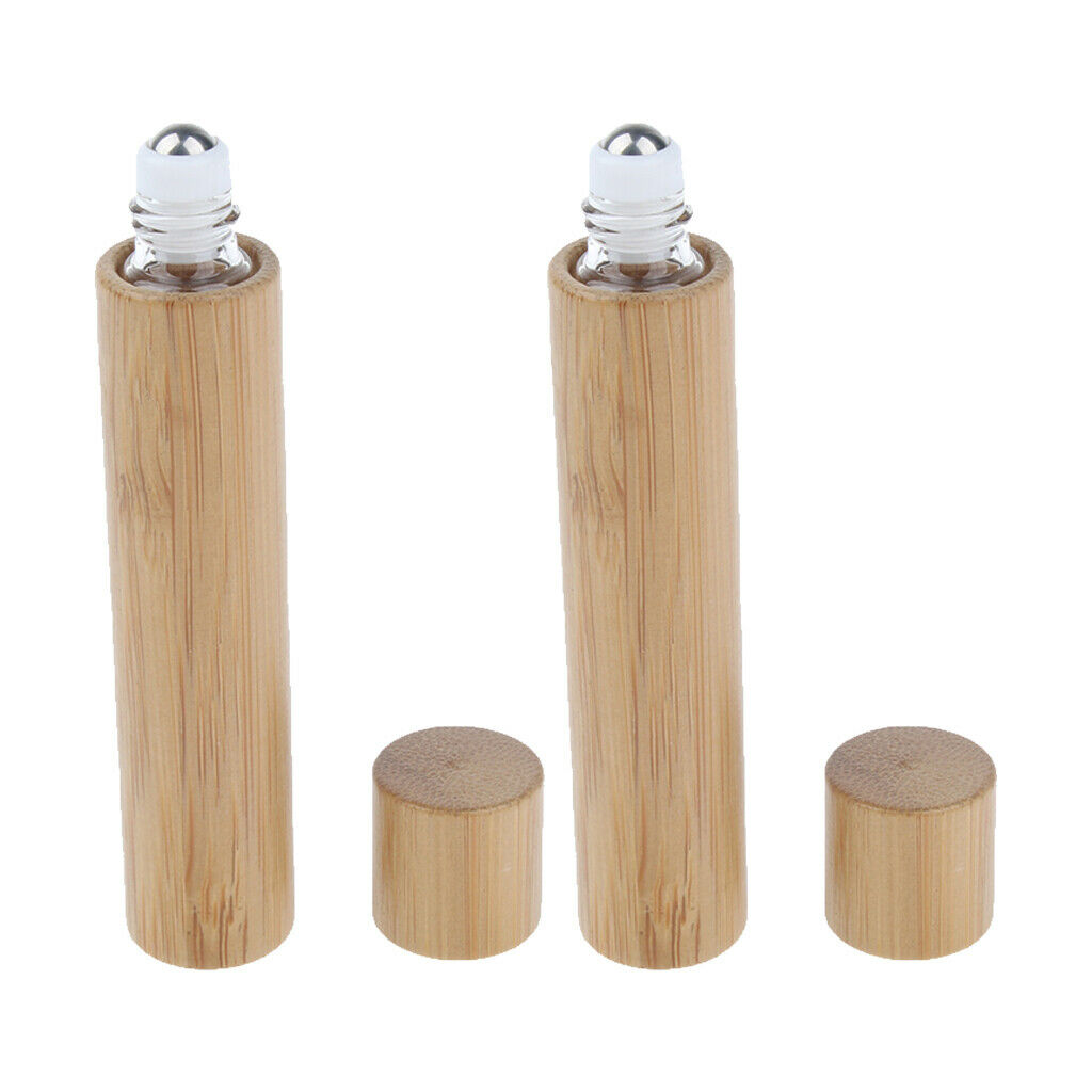 2Pcs Empty Refillable Bamboo Shell Glass Perfume Roller Ball Bottle Cases