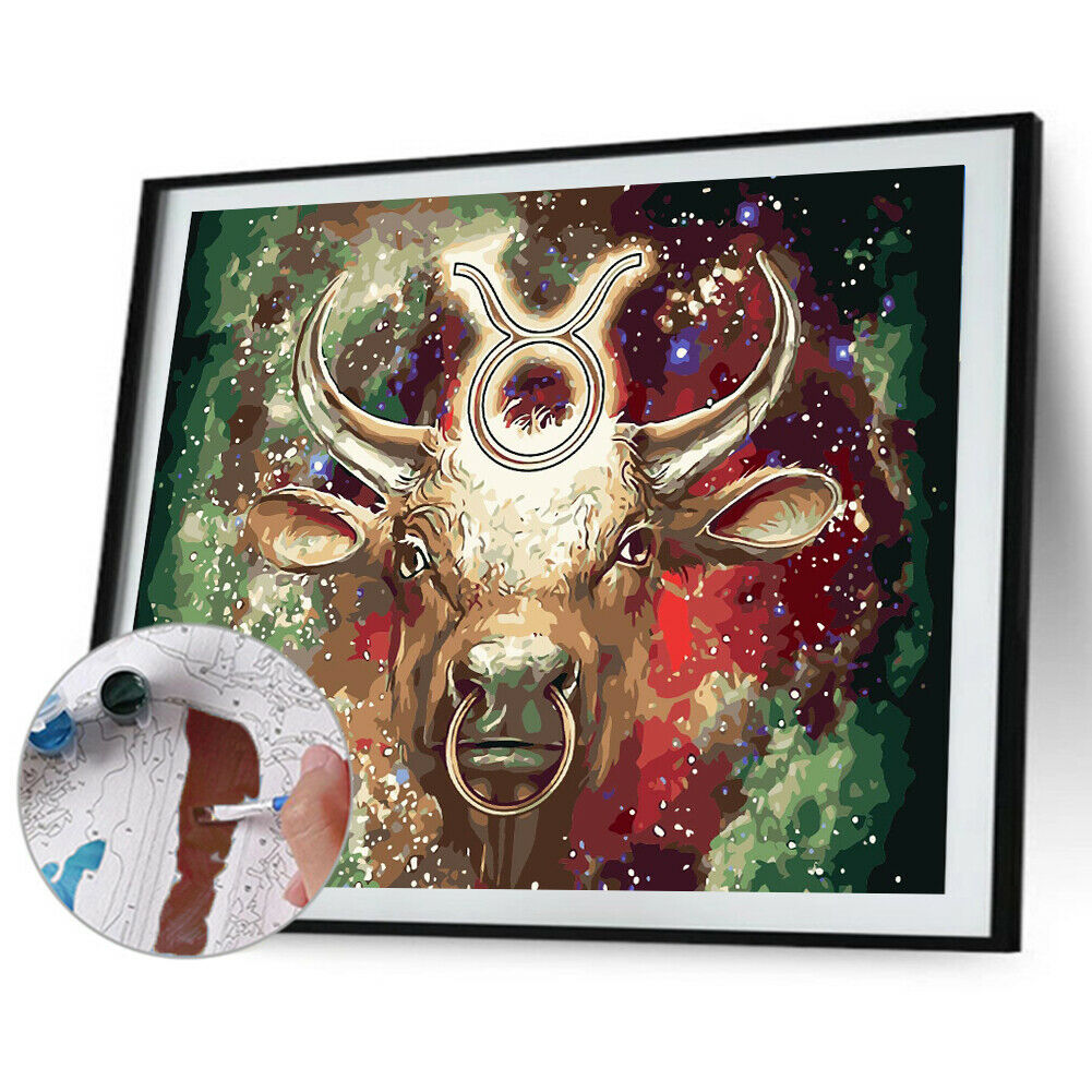 Oil Painting By Numbers Kit DIY Cow Head Canvas Hand Painted Art Wall Decor @