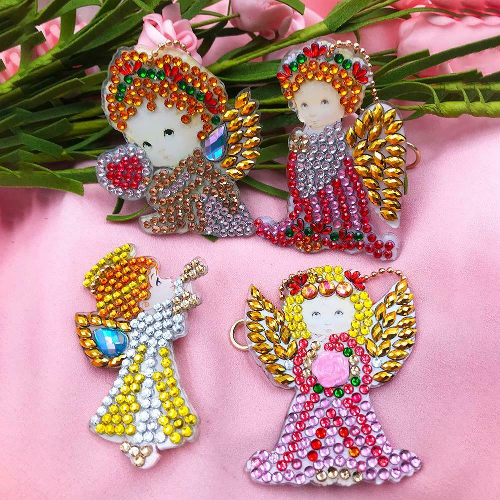 4pcs DIY Full Drill Diamond Paintng Special Shape Girl Angle Style Keychain @