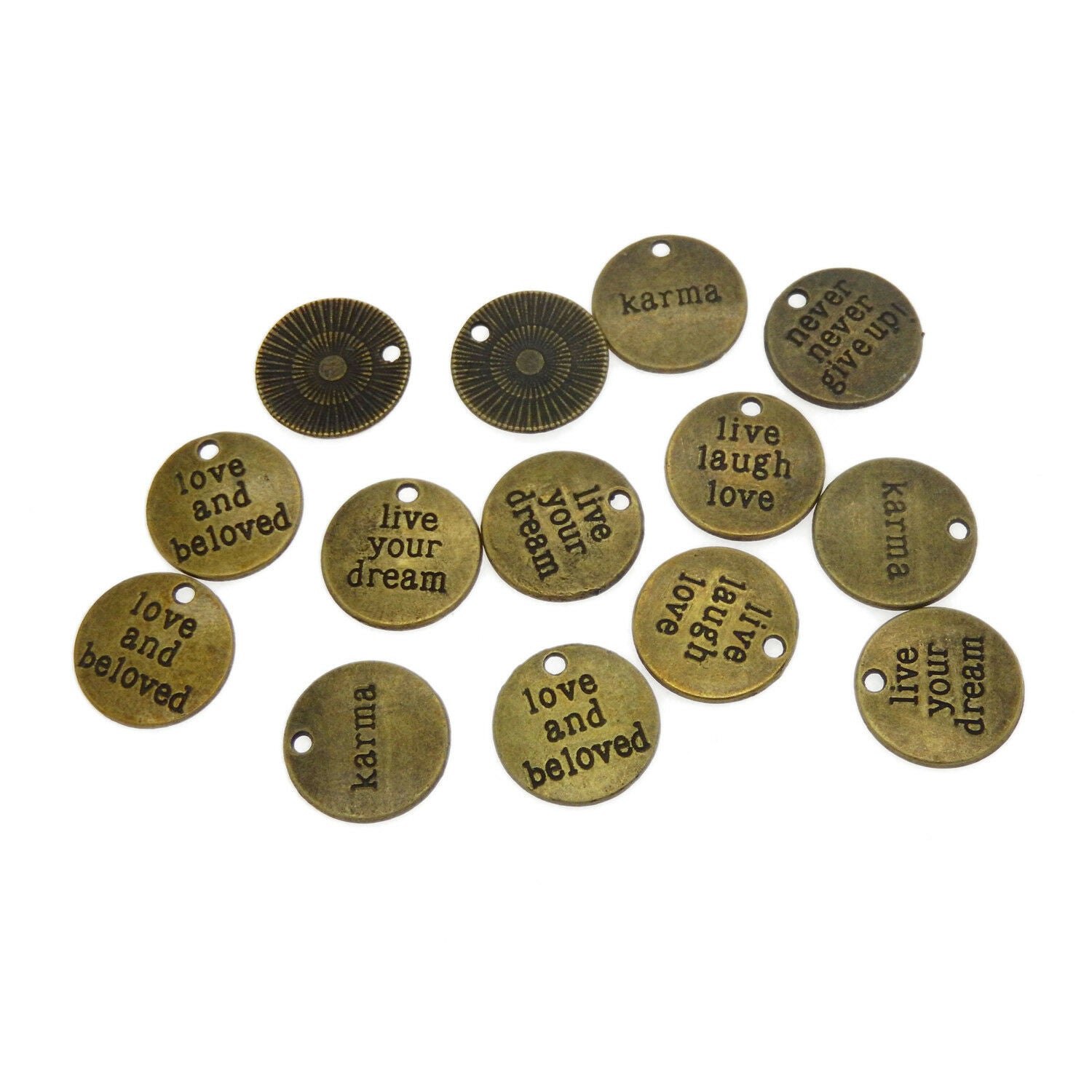 Lot of 5 Mix Antiqued Bronze Metal Alloy Engraved Round Tags Charms Pendants