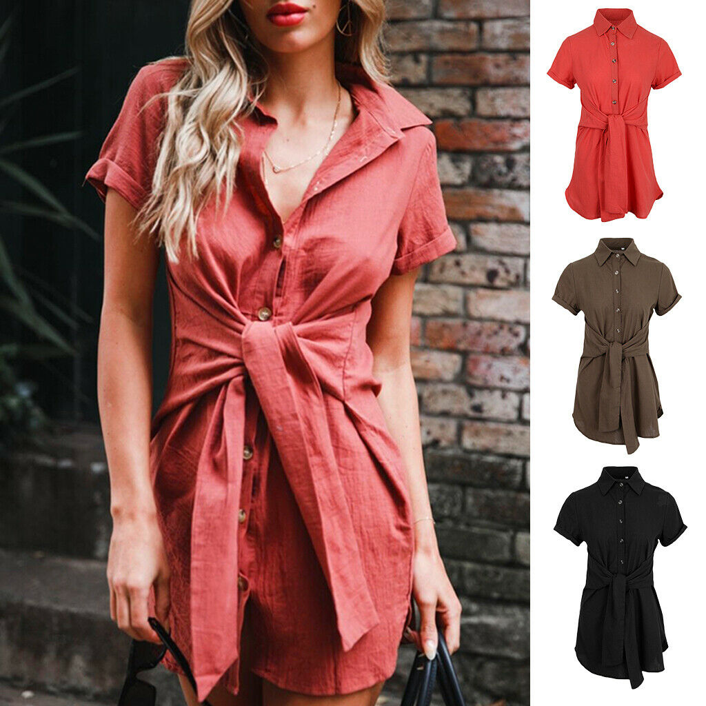 Women Summer Short Sleeve Solid Button Down Shirt Midi Dress Top S Red