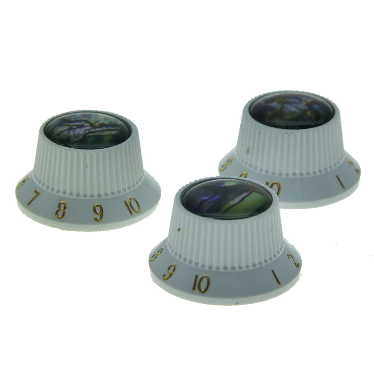 Set of 3 Plastic Push On Fit Abalone Top ST Strat Guitar Knobs Bass Knobs White