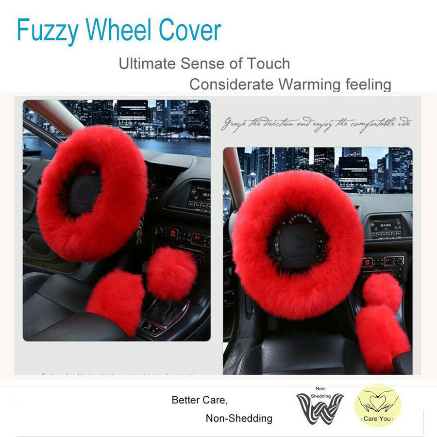 3pcs/set Fur Car Steering Wheel Cover Chinese Red Color Wool Winter Essential