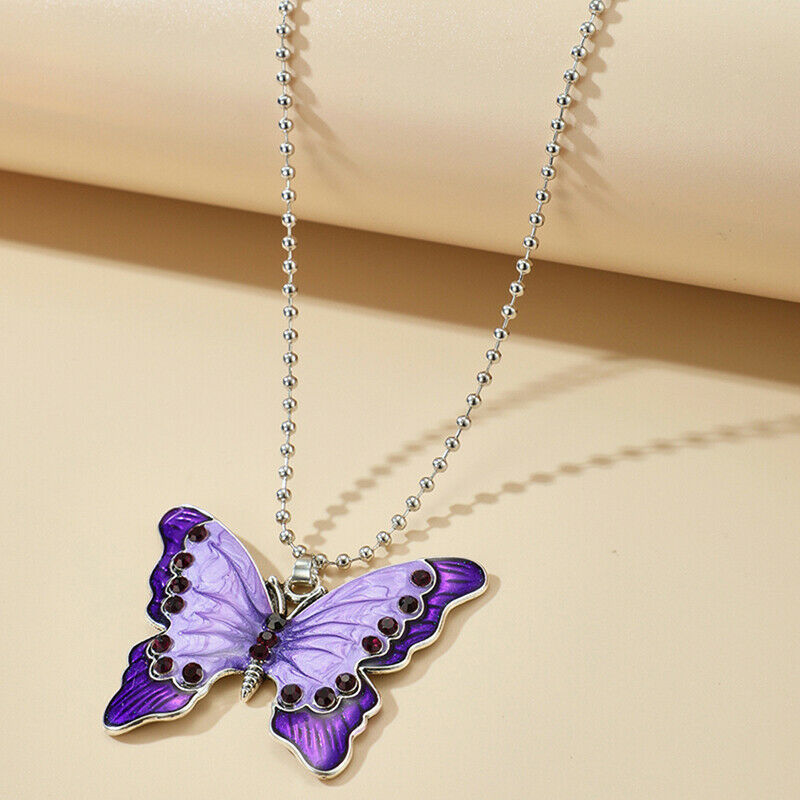 New Fashion Women Purple Butterfly Pendant Bead Chain Choker Necklace Jew.l8