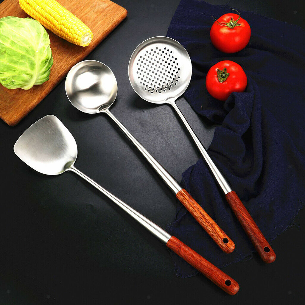 Stainless Steel Wok Spatula Ladle Skimmer Wooden Handle Easy Clean Gift