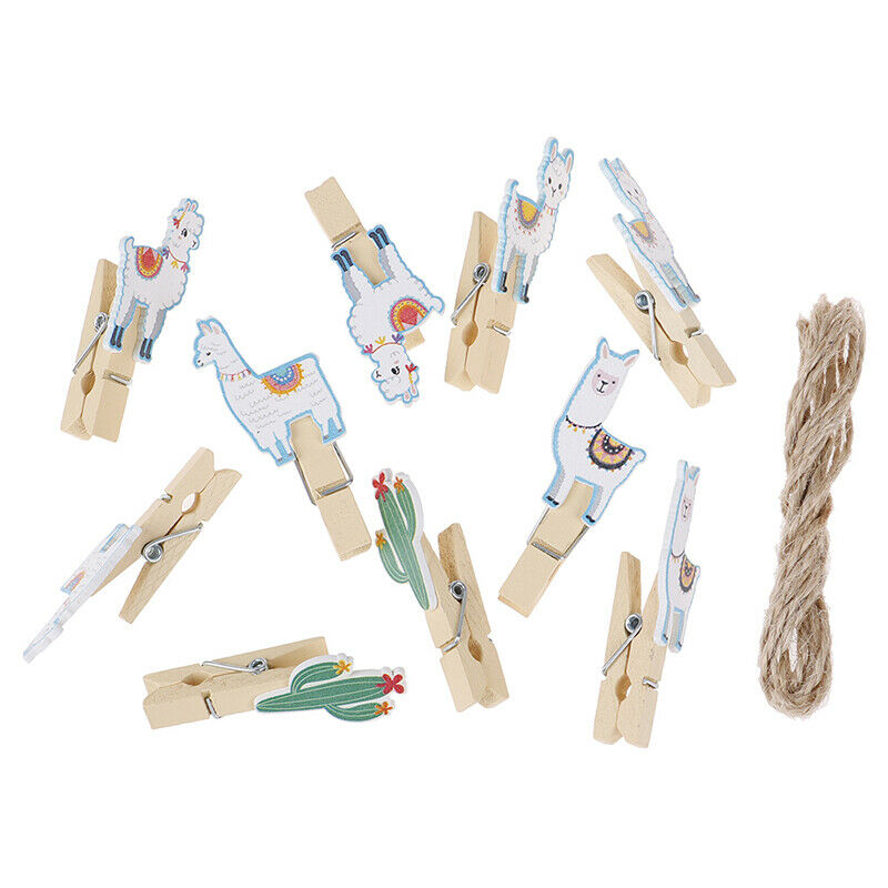 10pcs Cactus Alpaca Llamas Wooden Clips with Rope Photo Clips Hawaiian Decor JDD