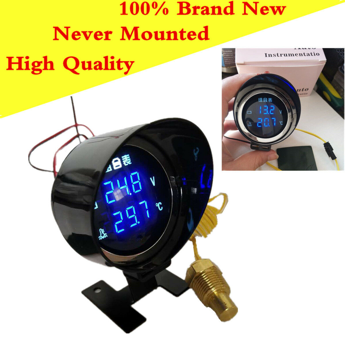 Precise LCD Car Truck Voltmeter&Water Temp Gauge Round Blue LED with Accessories