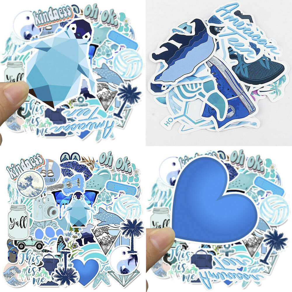 50PCS Blue Skateboard Stickers Set Waterproof Vinyl Laptop Travel Luggage Decals