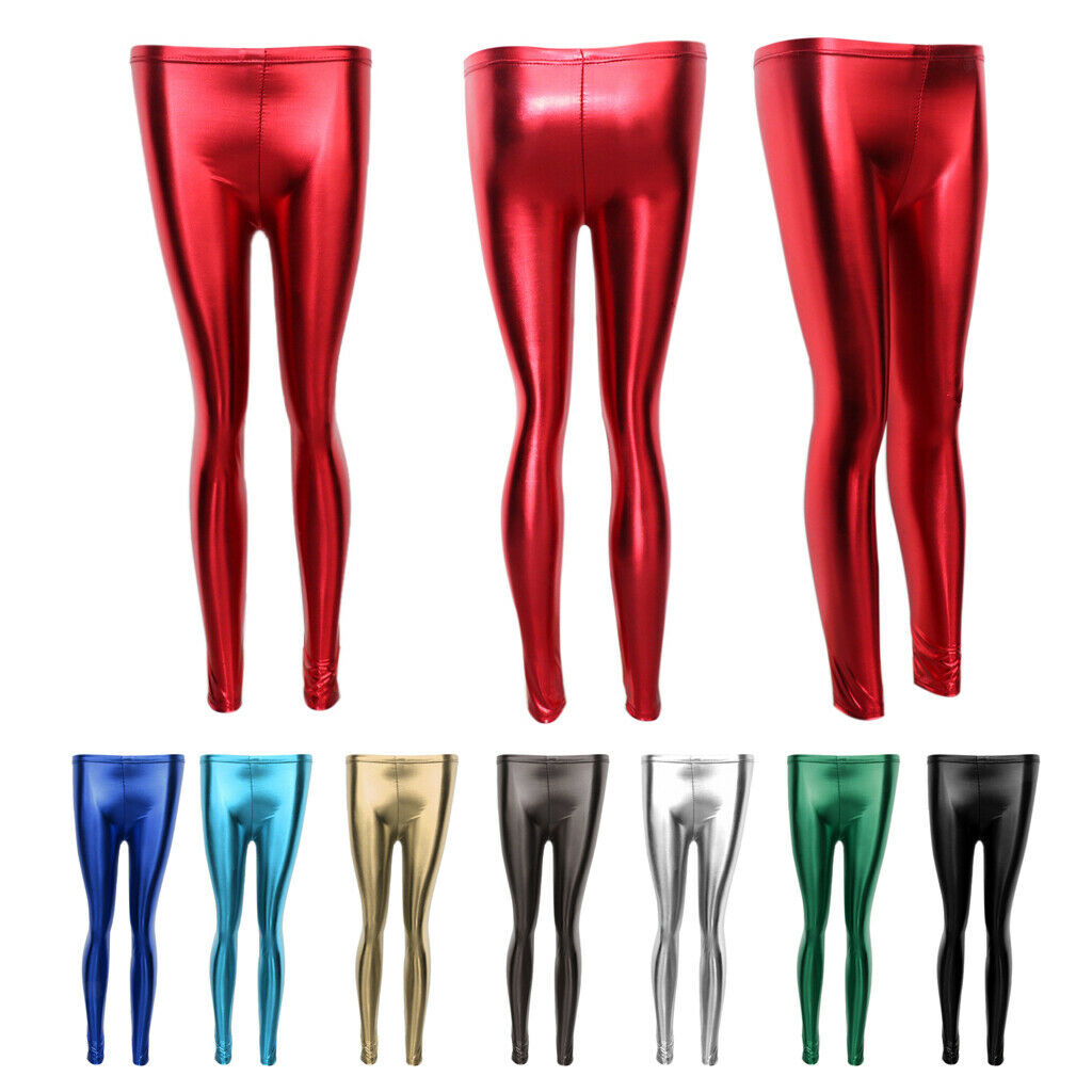 Women Faux Leather Leggings Wet Look  Metallic Stretch Pants Iron Gray