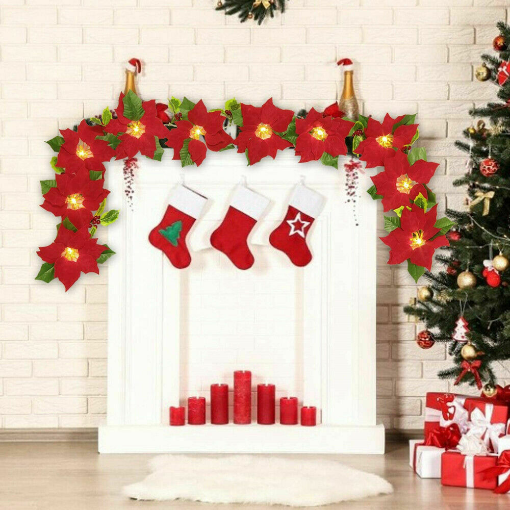 LED Christmas Poinsettia Lights Lamp Battery Garden Fairy String Party Decor