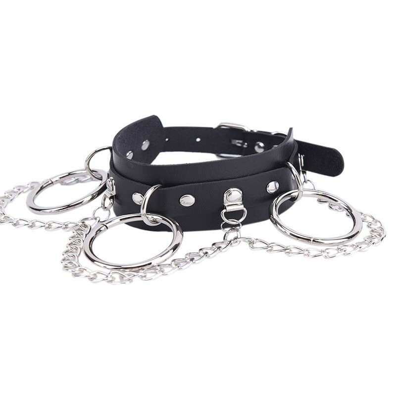 Black Leather Choker Metal Ring Chain Necklace Collar Handmade Goth Punky3BDAU