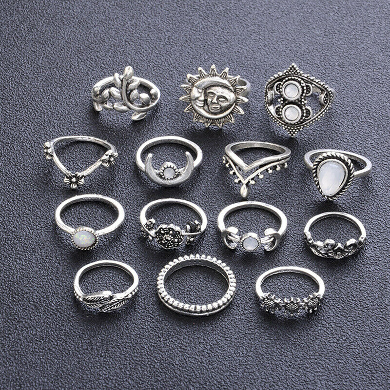 14Pcs/Set Boho Stack Crystal Flower Moon Sun Knuckle Ring Midi Finger Rin.l8