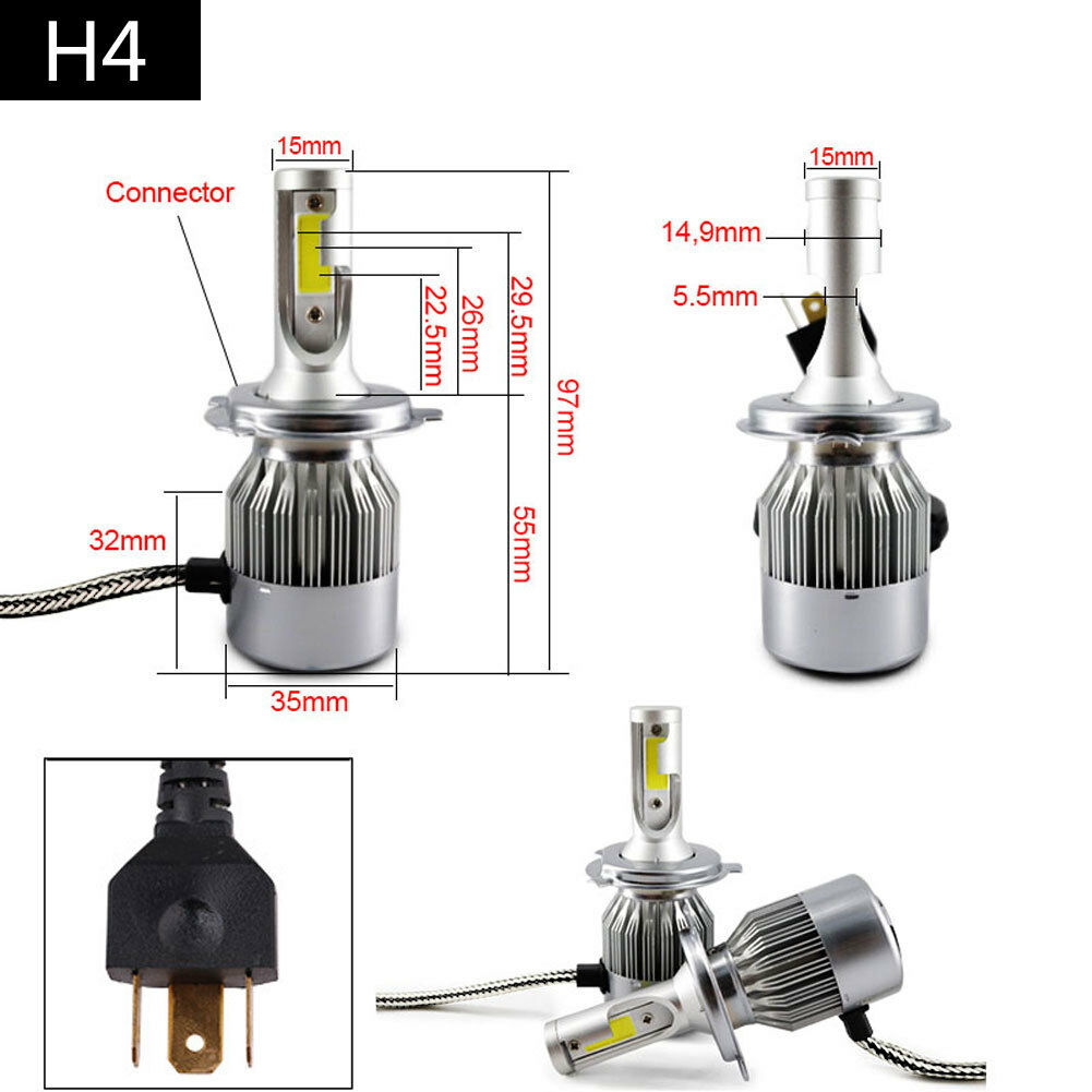 2PCS COB H4 C6 72W 7600LM LED Headlight Kit Hi/Lo Turbo Light Bulbs 6500K Car