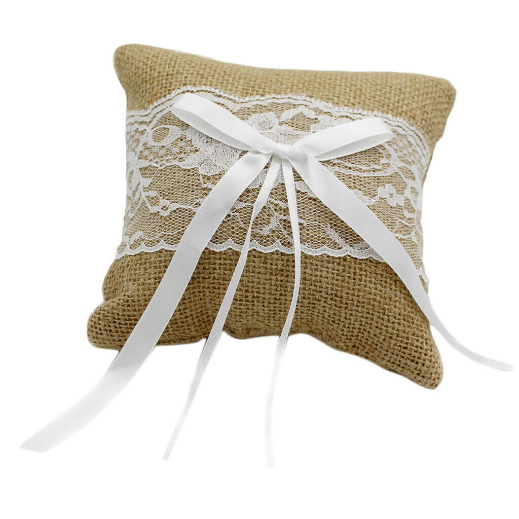 Wedding Ceremony Ring Pillow Cushion Linen Square Ring Bearer Bowknot 20cm